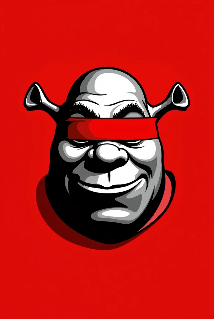 A stylized Art vectoriel portrait of a Shrek with a black and white face, partiellement obscurci par une bande rouge audacieuse sur ses yeux et sa bouche. L'arrière-plan est rouge uni. La figure semble solennelle, Art vectoriel, symmetrical