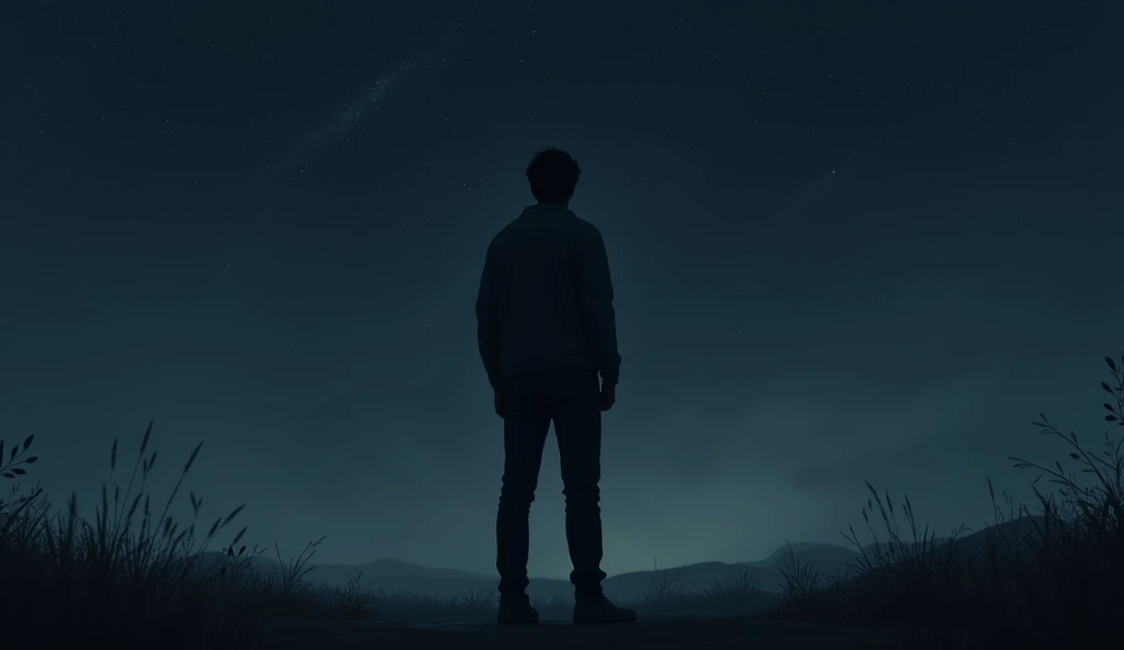 A boy age 32 years name John not looking face in the background dark sky many stars John standing alone sad