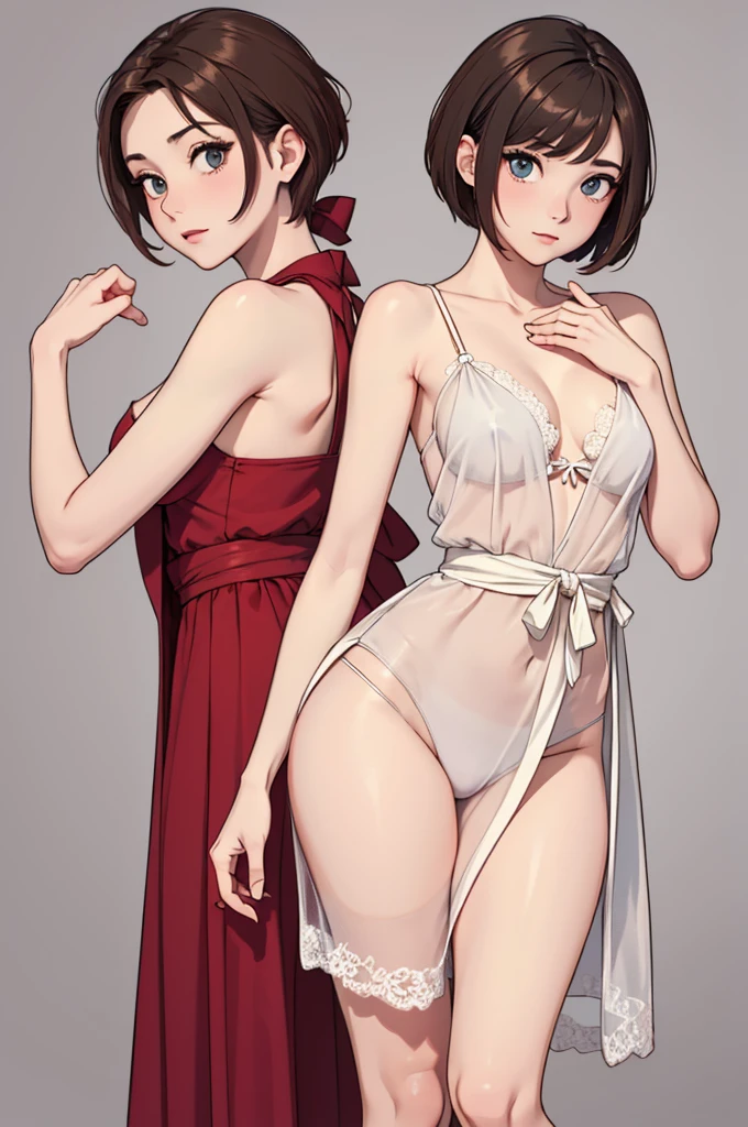 (((masterpiece, best quality, ultra highres, 1 girl, solo, no background))), super detailed skin and face and eyes and finger, beautiful japanese woman, small breasts:1.5, skinny, light brown hair, very short hair,pixie haircut, cowboy shot, white background, 2D anime, boyish, expressionless, Various clothes, Various poses, Please draw the entire character within the frame, ensuring that the head, arms and legs are not cut off, with the character positioned centrally, nipple dots, negligee, see-through, spread legs,