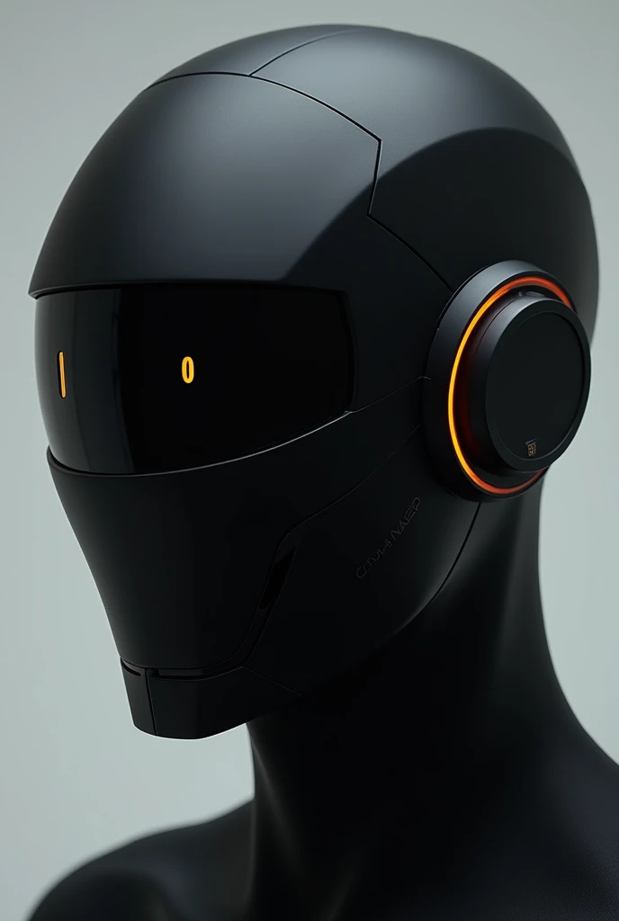 "A simple yet elegant futuristic techwear mask with a minimalist design. The helmet features smooth, clean lines and an decil eyes. The design emphasizes sophistication with a matte black finish, accented by subtle metallic or neon highlights. The overall look is modern, high-tech, and stylish, with a focus on elegance, use less visor like ironman helmet