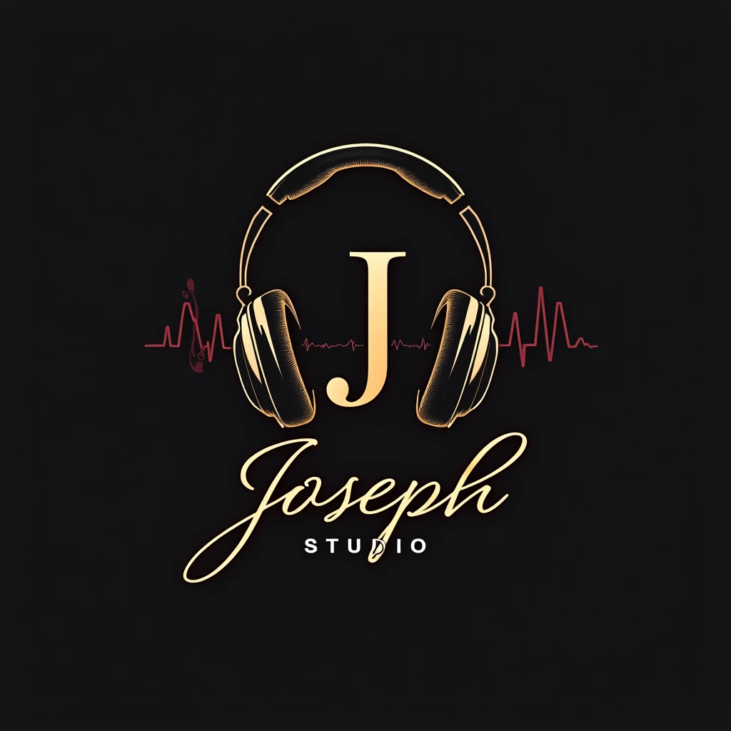 Design a logo for "Joseph Studio" that includes the following elements:
- **Headphones:** Surrounding a musical wave formed by the letter "J."
- **Musical Wave:** It should be modern and harmonious, expressing creativity and innovation.
- **Elegant Text:** Below the design, use a flowing and professional font to write "Joseph Studio." Wraps around the Headphones
- **Colors:** Choose a modern and neutral color palette, such as black and gold or burgundy.
The logo should reflect the essence of musical creativity and modern technology.