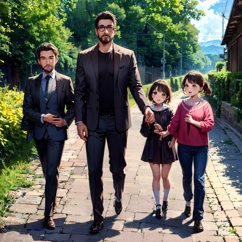 1girl, 1male, 1boy, brown hair, green eyes, , colorful, autumn, cumulonimbus clouds, Father wearning (outfit_male), mother wearning (outfit_female) Mature_man_with_mature_women_with_man_kid,(father_and_son)(mother_and_son)(father_and_mother)(father_with_mother_and_son), (Happy_family_of_three) detail, ultra-detail, correct_position, correct_texture, correct_colors, correct_shading, correct_cgi, correct_body, correct_anatomy, correct_proportion, (correct_complete_body)