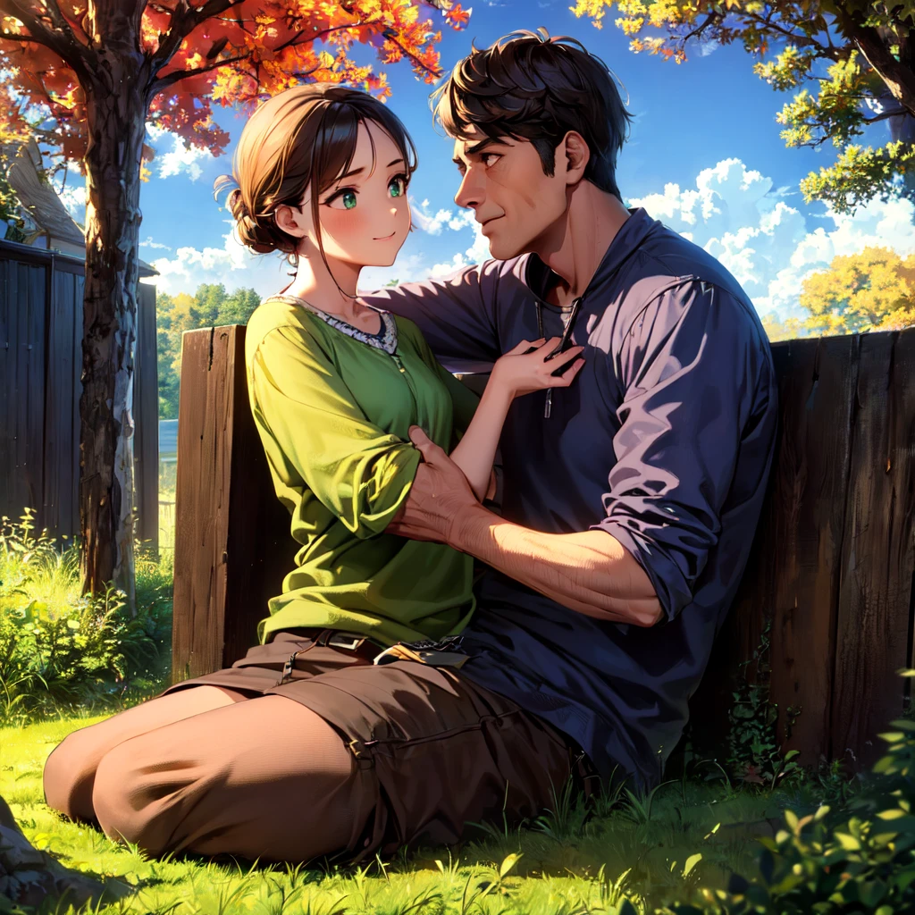 1girl, 1male, 1boy, brown hair, green eyes, , colorful, autumn, cumulonimbus clouds, Father wearning (outfit_male), mother wearning (outfit_female) Mature_man_with_mature_women_with_man_???,(father_and_son)(mother_and_son)(father_and_mother)(father_with_mother_and_son), (Happy_family_of_three) detail, ultra-detail, correct_position, correct_texture, correct_colors, correct_shading, correct_cgi, correct_body, correct_anatomy, correct_proportion, (correct_complete_body)