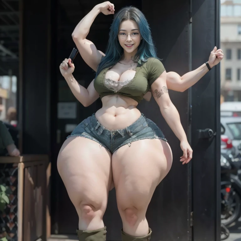 (Four headed)Masterpiece, best quality, 1girl, solo, 2, adult, bright red hair, messy hair, asymmetrical hair, ahoge, long hair, aqua eyes, huge round , toned, 167cm, pale skin, glasses, grin, olive green shirt, jeans, midriff peek, (five heads one body)full body shot,cute feet(extra limbs)( extra arms)many muscular arms