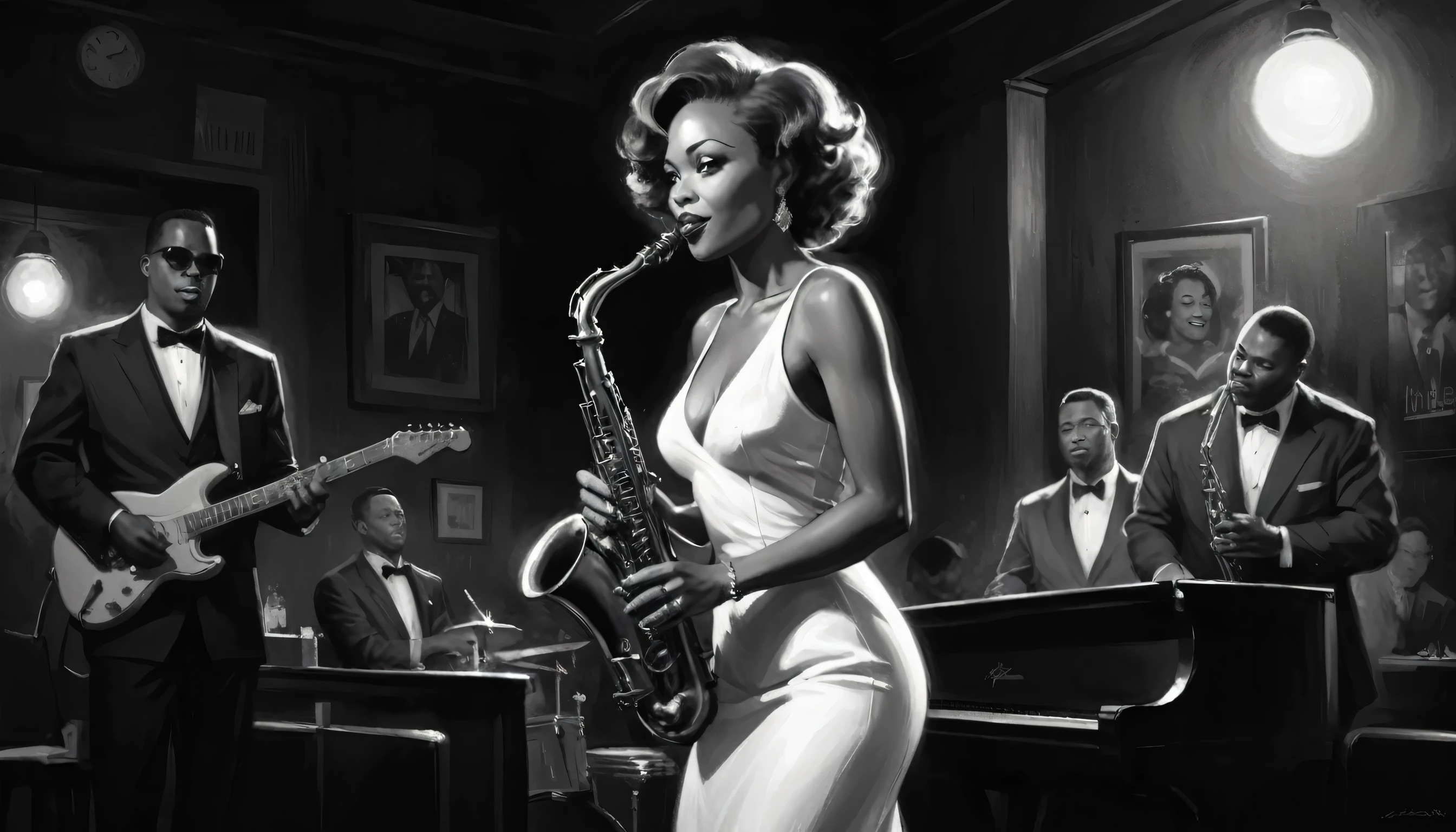 alabama bar, blue note, charismatic, baterist, guitarist, saxophonist, jazz band, bw, illustration, noir fantasy, singer lady,