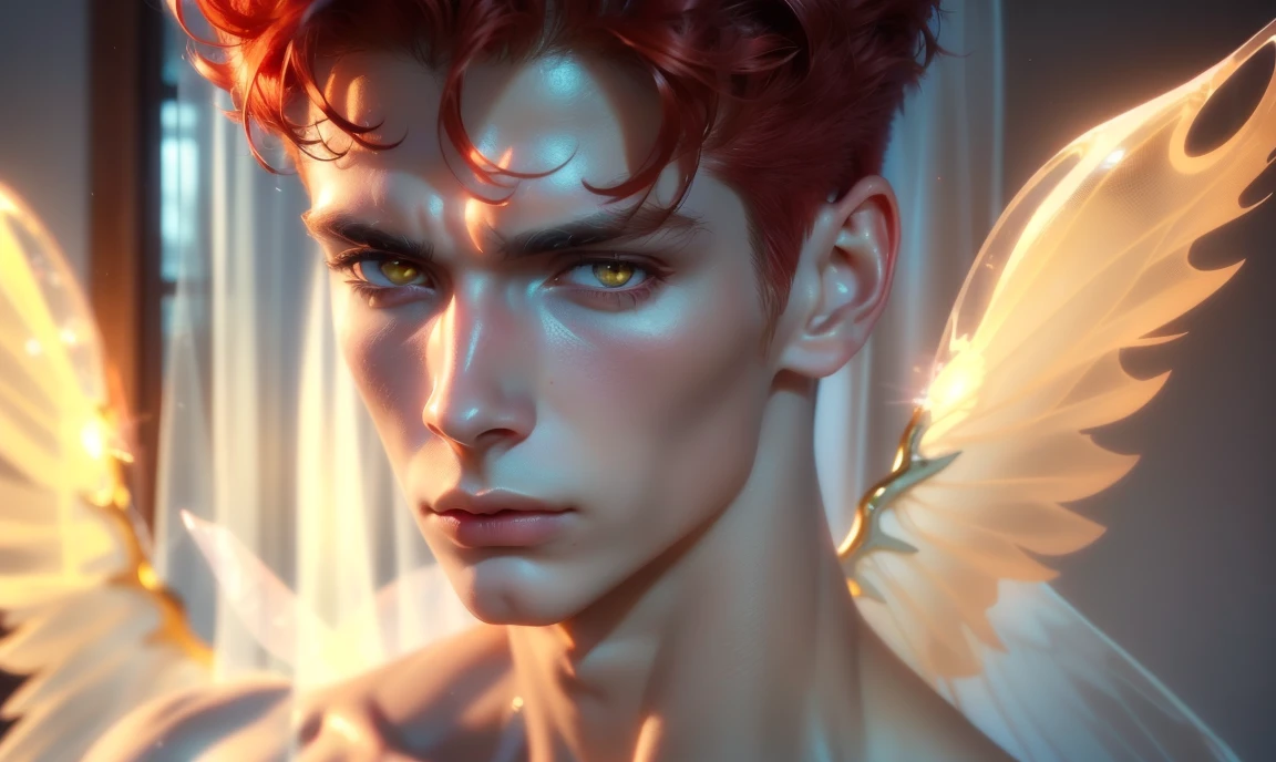 [((highly detailed, detailed eyes, detailed face, clear and realistic facial features, photorealistic, realistic light, cinematic, looking at you)), (1 man), (((((Gorgeous perfect sexy powerful masculine male angel with ghostly transparent wings))))), (((there are two ghostly transparent wings behind him))), ((((short sexy red hair)))), ((((pale yellow eyes)))), ((30 year old)), ((wearing flattering gold and white clothes)), (((aura of divine power))), standing in a cozy apartment at nighttime, ((light blush)), (((((wearing a clearly indignant expression)))))]