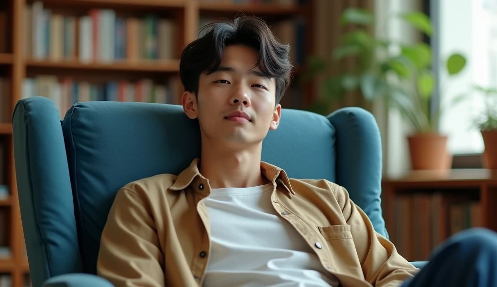 A Japanese male college student wearing stylish clothes is relaxing on a blue chair with a calm expression,Excited, Photo of your face, In a cozy room with a bookshelf, with a natural look, With a slightly tired look, tilt your face a little, Diagonal orientation, Average face