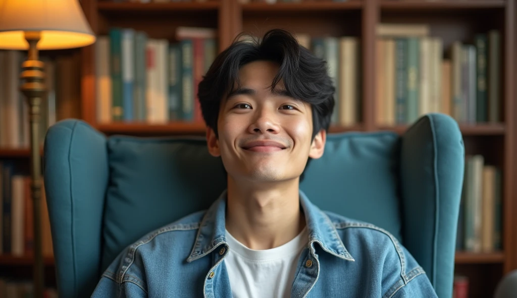 A Japanese male college student wearing stylish clothes is relaxing on a blue chair with a calm expression,Excited, Photo of your face, In a cozy room with a bookshelf, with a natural look, With a slightly tired look, tilt your face a little, Diagonal orientation, Average face