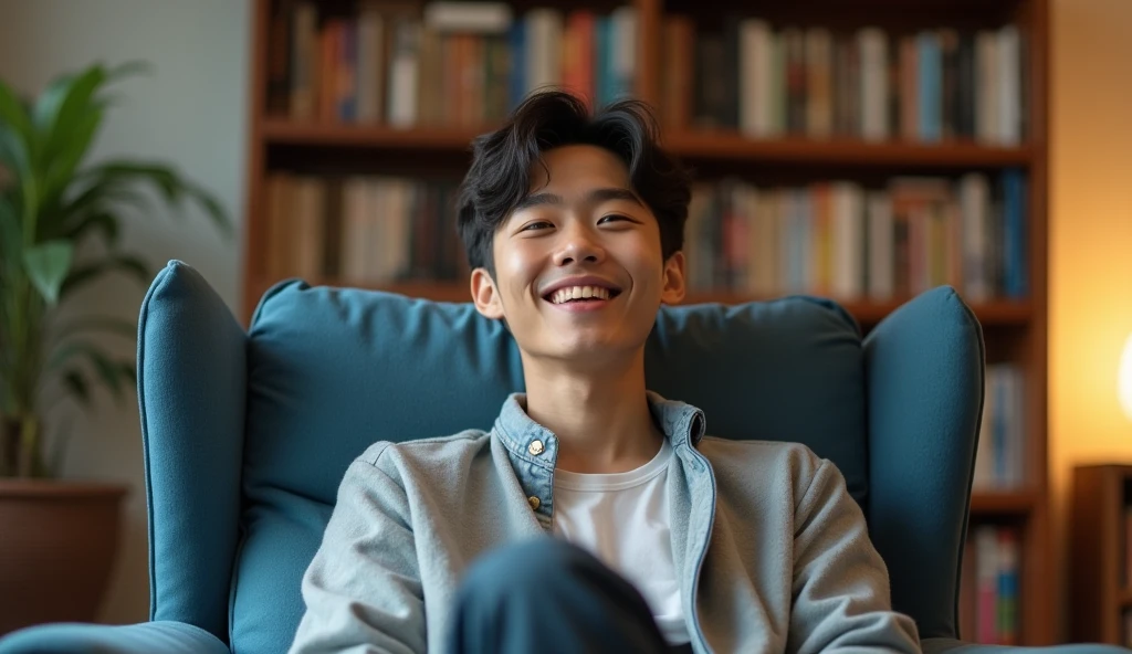 A Japanese male college student wearing stylish clothes is relaxing on a blue chair with a calm expression,Excited, Photo of your face, In a cozy room with a bookshelf, with a natural look, With a slightly tired look, tilt your face a little, Diagonal orientation, Average face