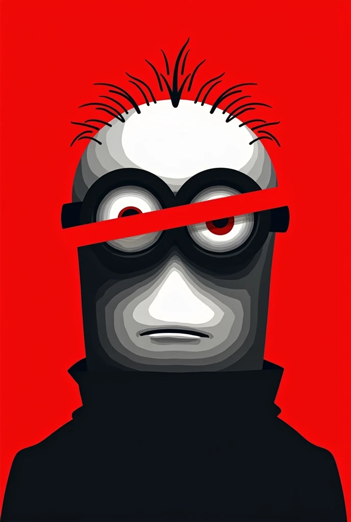 A stylized Art vectoriel portrait of a Minion with a black and white face, partiellement obscurci par une bande rouge audacieuse sur ses yeux et sa bouche. L'arrière-plan est rouge uni. La figure semble solennelle, Art vectoriel, symmetrical