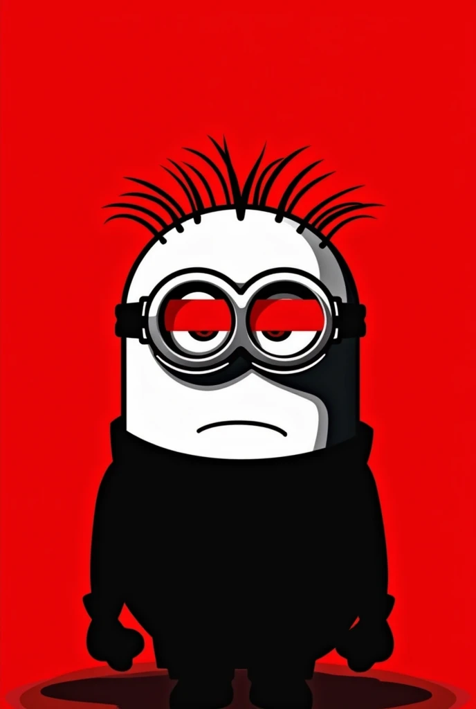 A stylized Art vectoriel portrait of a Minion with a black and white face, partiellement obscurci par une bande rouge audacieuse sur ses yeux et sa bouche. L'arrière-plan est rouge uni. La figure semble solennelle, Art vectoriel, symmetrical