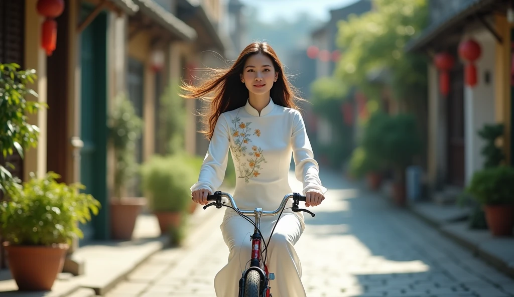 Make a photo of a Vietnamese female model wearing a white Ao Dai. Riding a bike on an old street. 50mm lens. bright. realistic. Focus your eyes well. Full shot.