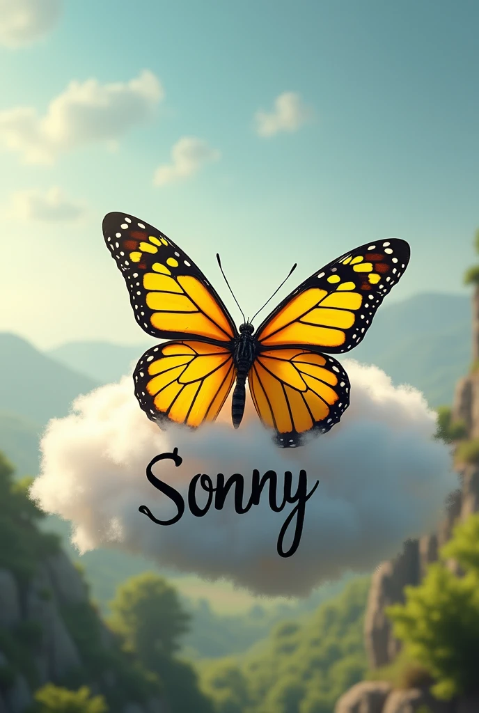 I want a realistic image of a striped yellow butterfly resting on a cloud in the colors of the Portuguese flag and on this cloud the first name Sonny well inked. I want the first names “Fanny Julian Lya” all around the cloud, I want the whole image to be realistic, I want a pretty background behind it