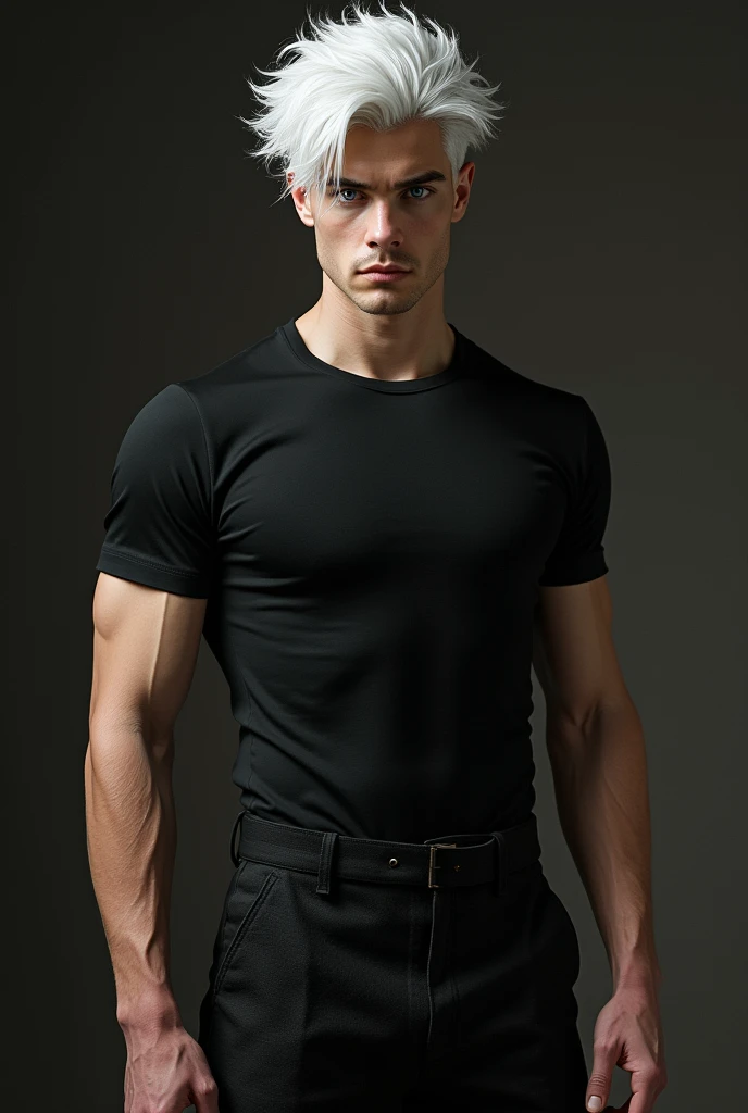 A man of intelligence and beauty with six eyes, white mash hair, and a black T-shirt、He was wearing black knickerbockers and was really handsome.、Super strong Gojo Satoru