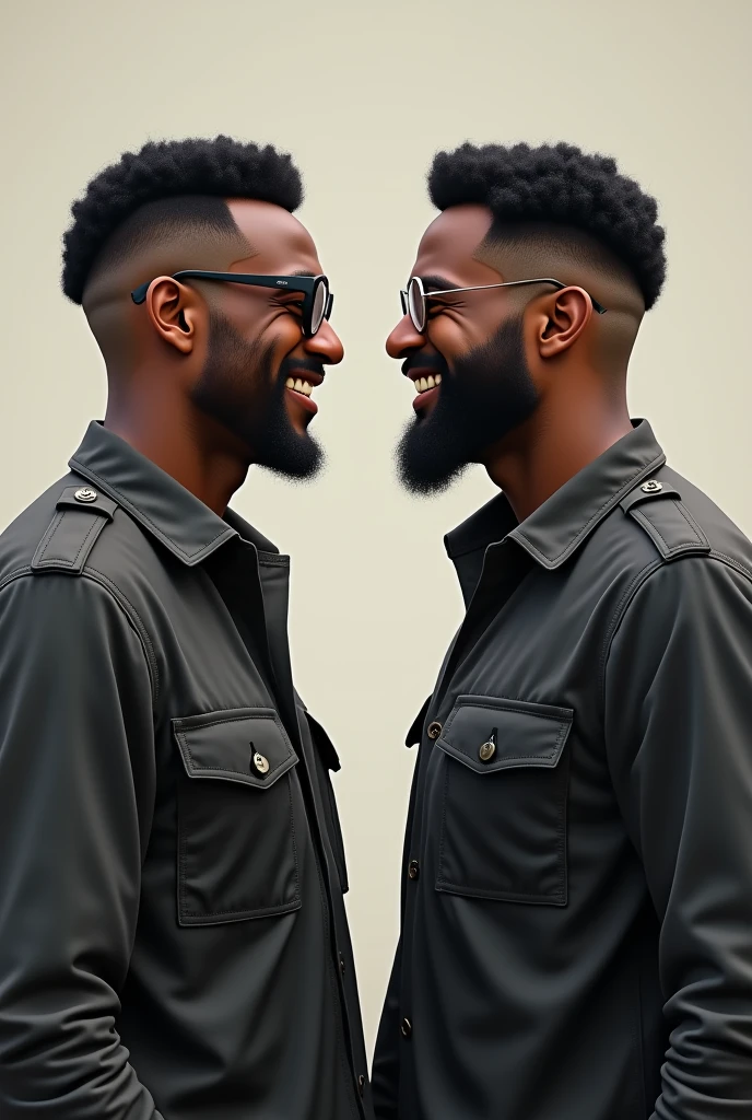 Create a 2 dark skinned man, with black hair low military cut, Cao Cao (1,80 cm), slightly muscled, with casual clothes, who wears glasses and has a nice smile
