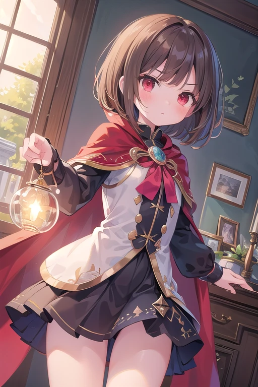 Beautiful illustrations、(masterpiece、Highest quality、8k ), (Beautiful details), Highly detailed face, Perfect lighting, Extremely detailed CG, (Perfect hands, Perfect Anatomy), 1 cute girl,female , cute face, tareme, ((Serious)), forehead, bob cut, brown hair, ((swept bangs)), red eyes, angled eyebrows, Cape、((Magic Student)),Slender,  Thighs、