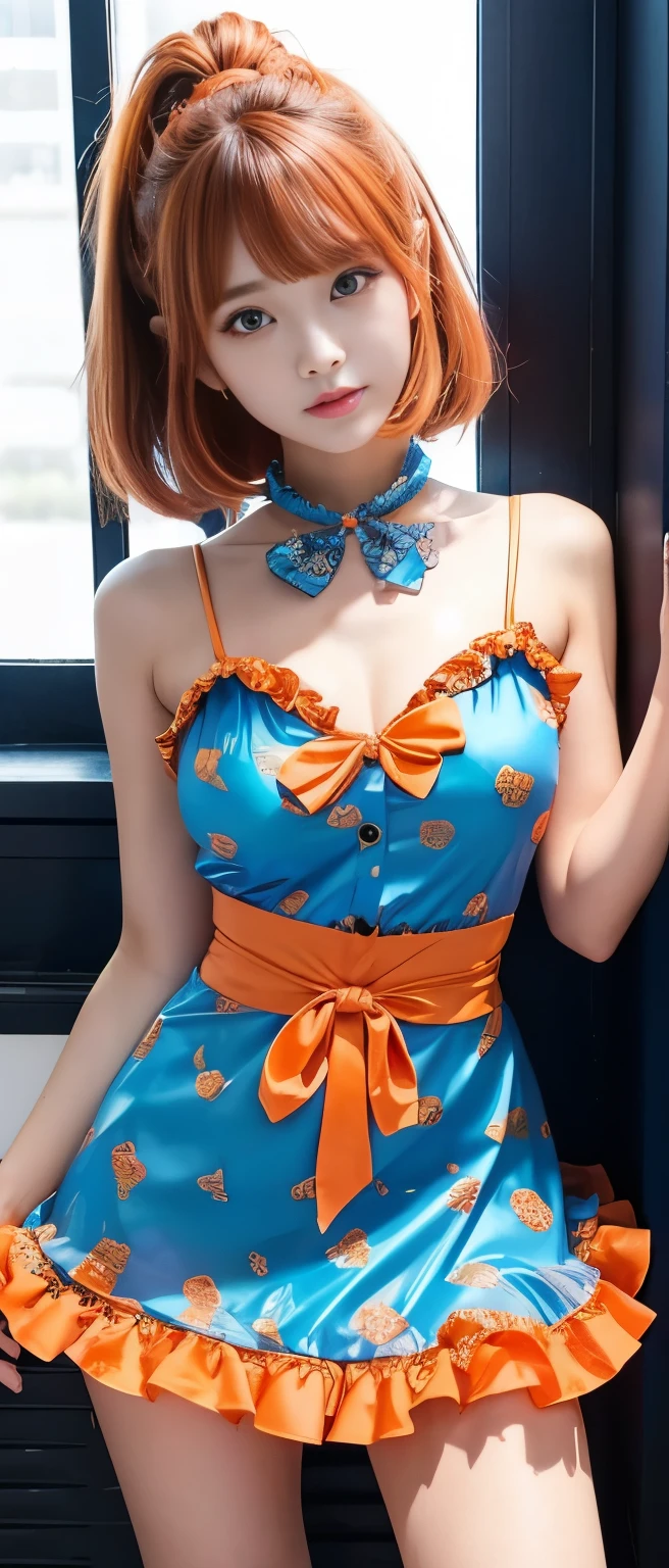 Gorgeous idol girl、whole body、Good style、、、、、、、、、、Thick legs、、、Shiny orange and blue flame pattern ruffle mini dress（Fire Diadem）、、Cool girl face、、、Burning Hair、、、