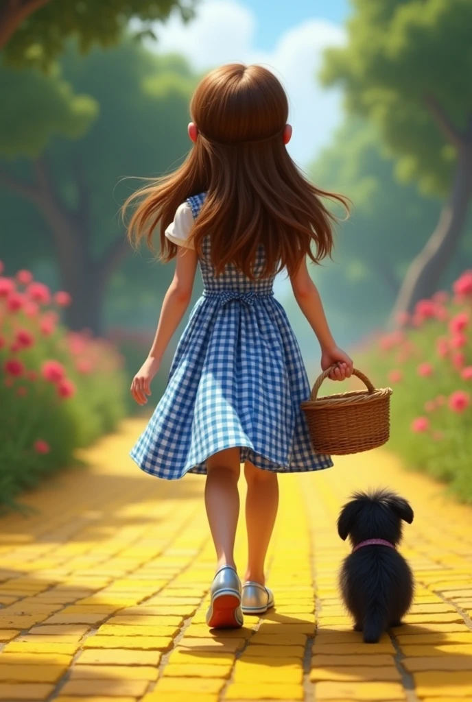 ((masterpiece)), ((best quality)), Dorothy Gale, low heel silver shoes on feet, carrying a basket, small black dog, yellow brick road, perfect detailed eyes, perfect detailed face, ultra-detailed nose, charming, perfect face, dimple on cheek, depth of field, high resolution, ((real skin texture)), (well-proportioned hands), blue and white checked gingham dress, teenager (back view))