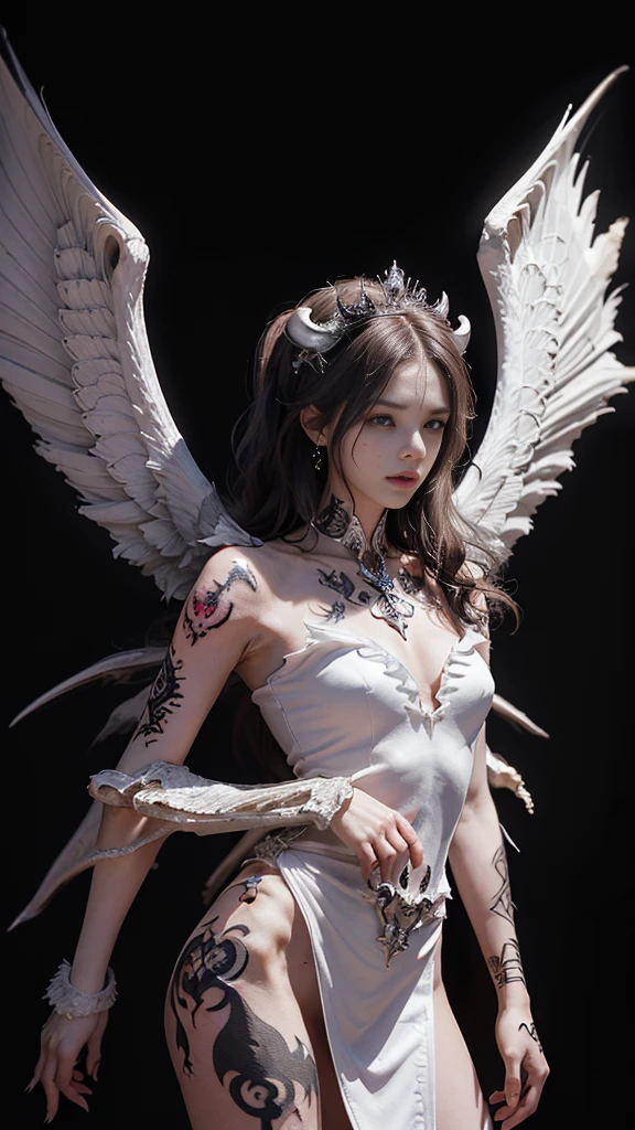 Skeleton image, (Realistic picture, highest resolution, 16ก), (A demon with wide wings and immense power on her shoulders., Twelve wings on the shoulders., Three black bat wings:1.5 , 3 white angel wings:1.5), Has 100 wings on the shoulders, There are 1000 wings that flow., Twelve wings on the shoulders., black bat wings:1.3 white angel wings:1.5), 6 angel wings, 6 devil wings, ((Small pieces of armor), The horns that grow out of the skull like a crown, Resolution 4000 x 2250 pixels, beautiful gesture, Angel wings and devil wings, (Realistic picture, highest resolution, 16K), (RAW shooting:1.5, realistic:1.5, dark fantasy:1.5, 8ก), (Highest quality, Masterpiece, Ultra high resolution), The Desolated Demon World, ((Perfect dynamic composition:1.7, A mole on the bone that looks like a tattoo:1.6)), (An incomprehensible amount of fluid flows throughout the body.), Six pairs of large wings, Large devil wings, The size of the devil's wings, Amazing wings, Female skeleton with wing bones