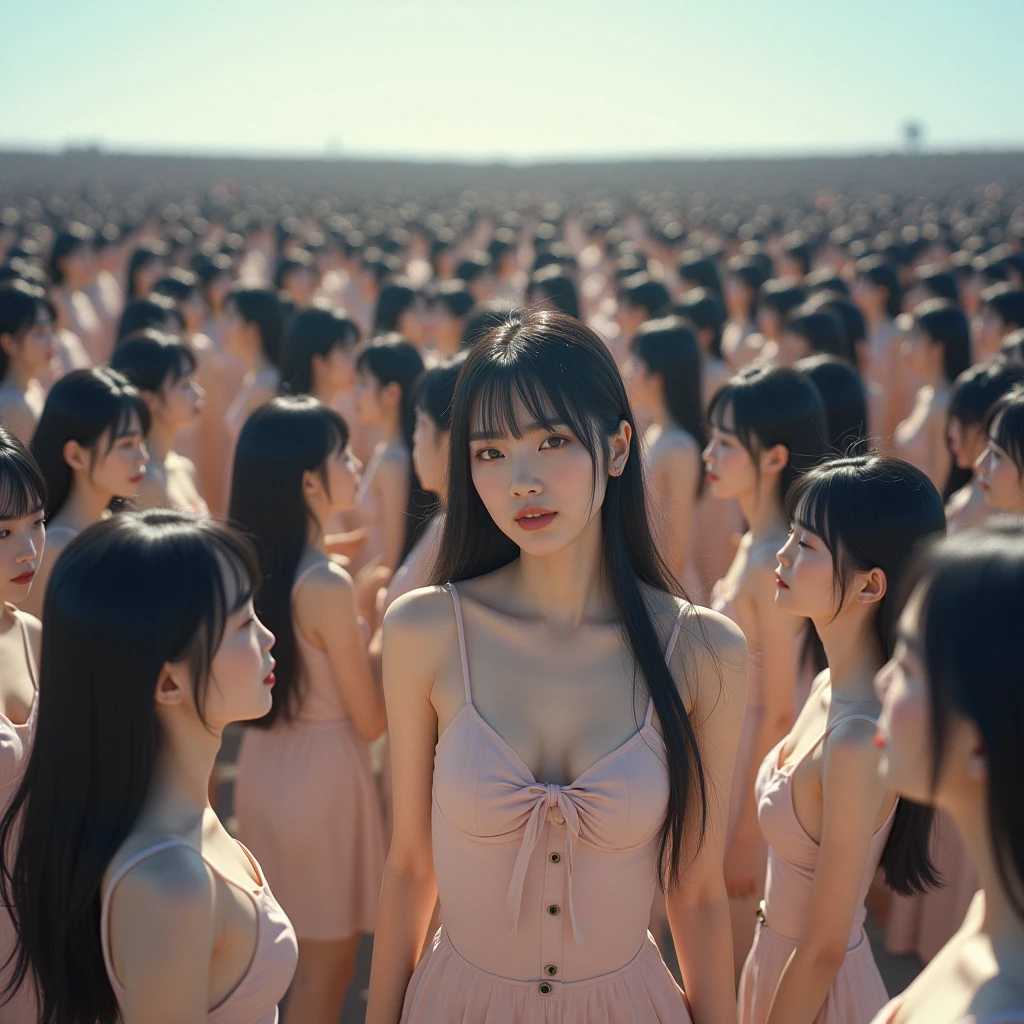(((((Japanese Clone girls=Myself)))))), (((Best Super High quality Myself Clone girls Raw Photography Art))), (16K, Highest quality, Ultra-high resolution, RAW Photos), (((It&#39;s so unrealistic., With unparalleled depiction, With an unfathomable sight, An unprecedented and shocking worldview, Clone girls in a world of mass reproduction, Ultra-realistic))), (((Japanese, woman, 18yo, hashimoto-kanna))), (Small face, ((Thick black hair, Semi-long hair))), ((V-neck short-sleeve dress)), (((((Very detailed美しい女体, Accurate body structure, Very detailed完璧な, Super busty body with very large breasts, Clearly emphasizes cleavage))))), (((Dark Eyes, Mature face, Cute Smile, A gentle gaze))), (((Her happy and smiling expression is so cute))), ((((((((Very detailed分身増殖描写, ((1girl→Myself cloning→1,000,000,000,000,000,000,000,000,000,000,000,000,000,000,000,000,000,000,000,000Myself Clone girls)))))))))), ((((((((Very detailed, The precise depiction of the proliferation of Myself Clone girls, ((With the perfectly identical bodies of Myself clone girls, With the exact same face as the Myself clone girls, With the exact same hairstyle as the Myself clone girls, In the exact same clothes as the girls who are my clones, Perfectly the same height as the Myself clone girls, Super big breasts, just like the Myself clone girls)))))))))), (((Myself clone girls only))), (((Multiple pairs, Very detailed depiction, (Myself clone girls hug each other, Myself clone girls assemble, Fun conversations with fellow Myself clone girls, A fun conversation between Myself clone girls, Myself clone girls holding hands, Walking with lots of Myself clone girls)))), (((Everyone looks at the camera))), (((Unbelievably crowded, Transcendent Myself clone girls intimately, Countless Myself clone girls surround you in 360 degrees))), (Bright, soft sunlight), (((Very wide field of view, Very detailed, Detailed ultra-perspective depiction with clear depth, wide view))), (((((Landscape with a curved slope))))), (((Very photographic and detailed depiction, Myself clone girls will multiply infinitely and fill the surroundings from one side to the horizon with their bodies tightly packed together without any gaps., A scene of endless Myself clone girls and a fun atmosphere))), (Focus on the average value of the image)