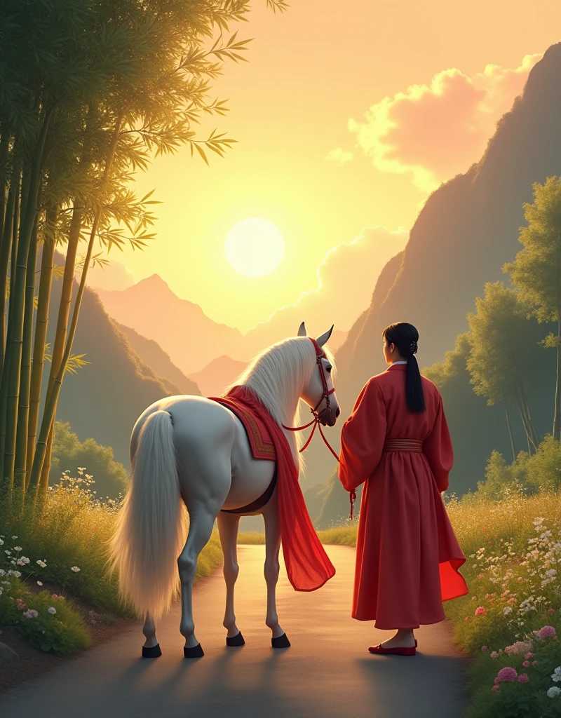 a personable gentleman,Aged between 20 and 2,Hidden in my heart is a deep love for the women in the world,But never said it。He has been silently by her side for many years,About the same age as a woman,Dressed in white,Wearing a bright red robe that is the same as the woman's,Holding a white horse in hand,Show elegance and calmness。Although his love occasionally shows through his actions,But the woman doesn’t know his feelings。in the screen,Men and women keep a distance,man looking at woman,The woman looks into the distance。Man waiting for woman,The woman is waiting for her old lover。
The background is set on a quiet mountain road,The afterglow of the setting sun dyes the entire scene with golden light and shadow。The light is real and warm,The mountains in the distance and the remaining clouds on the horizon look and beautiful。The path is lined with low bamboo forests and scattered wild flowers.,blowing with the evening wind,The texture and real details of bamboo leaves and wildflowers are clearly visible。The entire screen presents unparalleled resolution,Details remain clear and realistic even when zoomed in,Make this image look great on the big screen or up close,All display stunning picture quality。
The background and atmosphere should reflect his quiet guardianship。