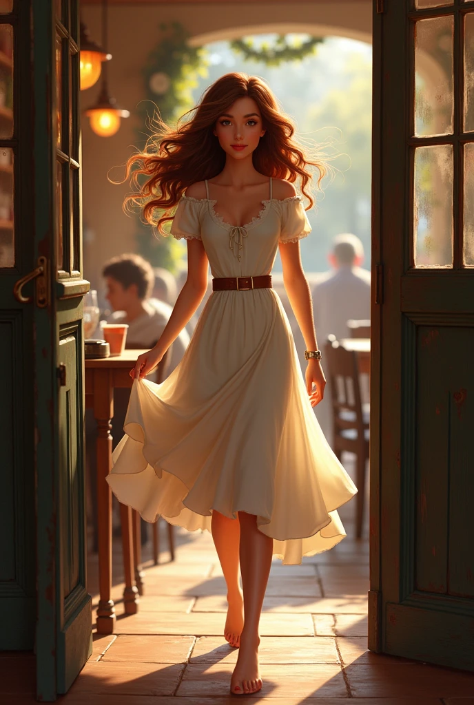 Look at Amy, a beautiful young woman, who is walking in through the door of the cafe.