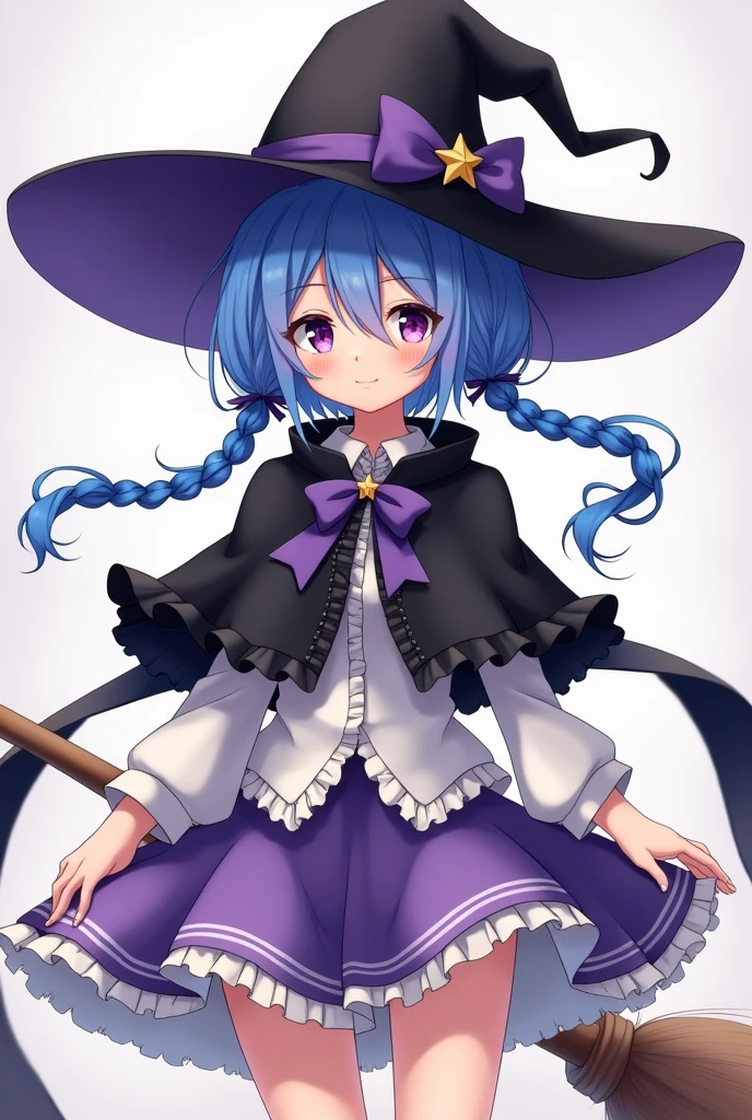 anime girl blue hair tied to two short ponytails hanging on the sides with one strain braided with a tie that has a star on it, purple eyes, witch hat in black with ruffles and stars ,short black cape with ruffles and a purple ribbon with a star in the middle, underneath a white blouse with ruffles and a purple puffy skirt with white ruffles, she has a broom and two long bands are coming from behind her cape full body