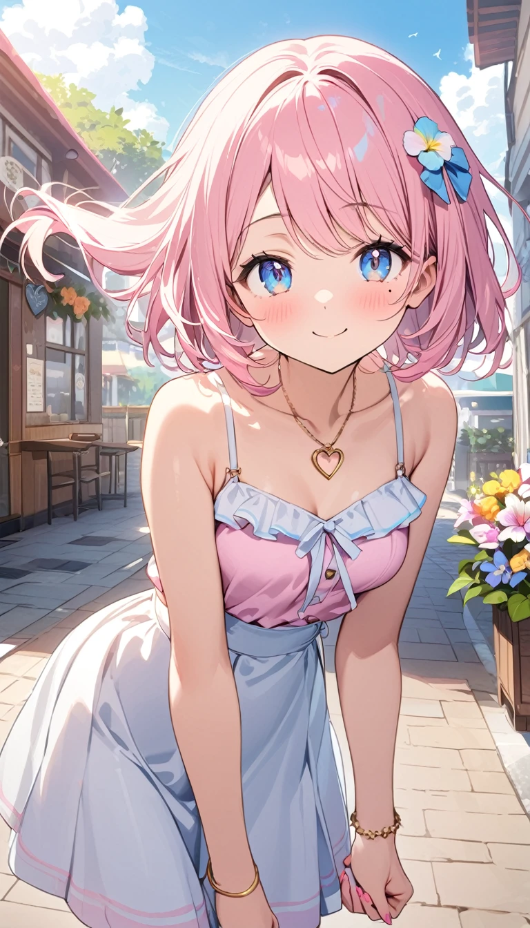 (1 girl), (Best Picture Quality, 8K, Masterpiece:1.3), (high student:1.5), ((pink lob hair:1.1)), (bob cut), (swept bangs), (cute eyes, pupil black, iris skyblue, youthful face), (mole under right eye), (standard weight), (small breasts), (big hip), (glistening skin:1.1), (slightly tanned skin:1.2),
BREAK
(sweet and playful summer outfit), (light pink sleeveless blouse:1.3), (flowy white skirt:1.2), (delicate sandals with ribbon straps), (small heart-shaped necklace),
BREAK
(gold anklet with charms), (cute ribbon hair accessory), (pink nails),
BREAK
(slightly leaning forward:1.2), (winking with one eye:1.3), (holding hands together in front:1.4), (pouting slightly:1.2), (looking at viewer with a playful smile:1.4),
BREAK
(cute summer background), (sunny day with soft clouds), (small pastel-colored café in the background), (floral decorations), (gentle breeze blowing her hair), (warm and inviting atmosphere),
BREAK
(from the front), (portrait), (upper body focus)