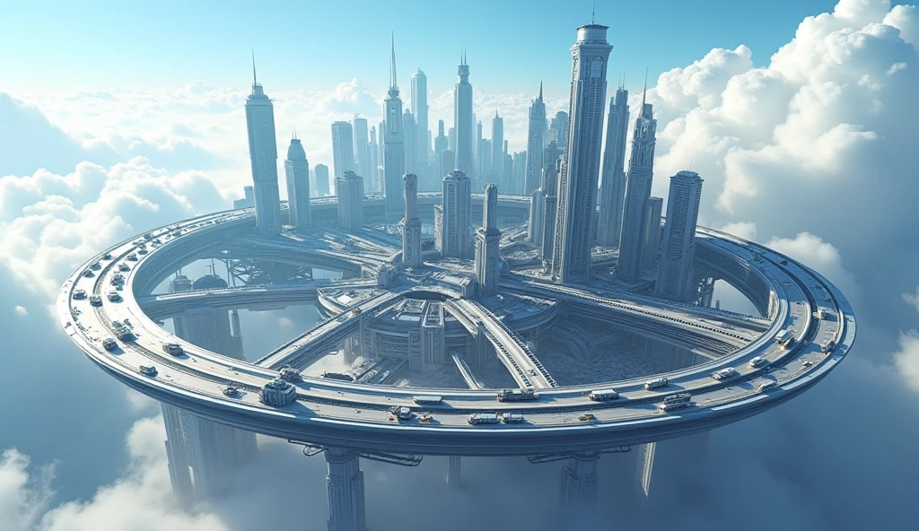 Best quality, Ultra-high resolution,, The background is blurred out,A bustling city on a suspended three-dimensional ring from the future,A lot of traffic drove to the skyline,In the daytime ,Blue skies,bird's eyes view