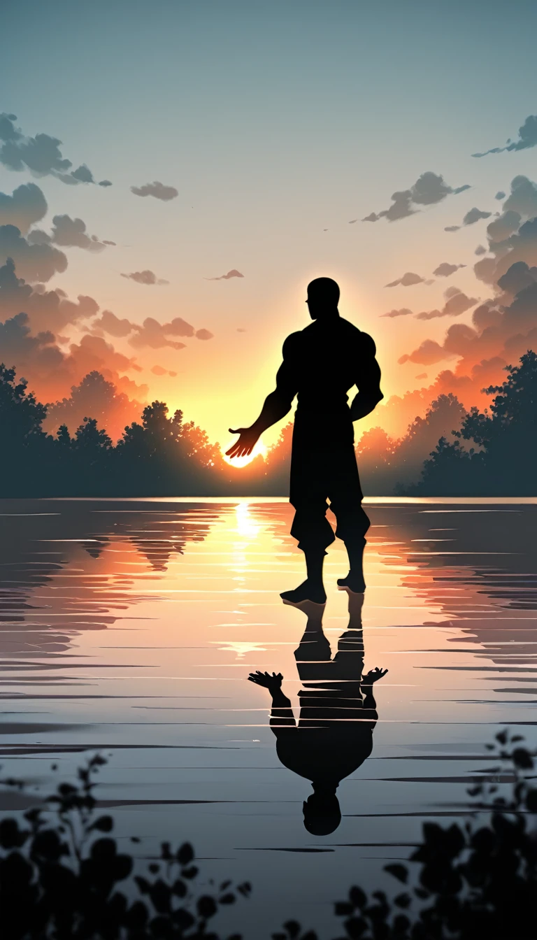 A Strong Buddhist muscular man stands in the smoke, Black jumpsuit, Very tight, Silhouette effect, Tall muscular man, Priapus, Dark Black, Dark black skin, Buzz Cut, His muscles are very developed, Very tall, short hair, Blend into the smoke, Lake, Reflection, Sunset, Sunset, Man silhouette, Chinese, black and white, Simple style