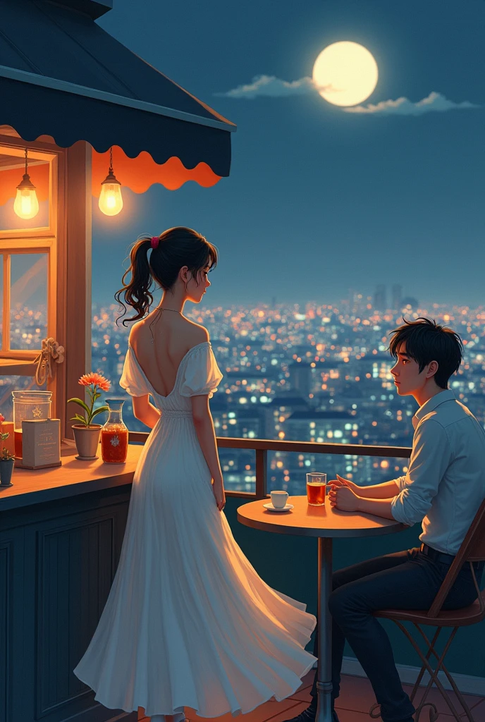A young woman with a dreamy expression stands at the counter of a rooftop cafe. She's wearing a flowing white dress and a delicate necklace. The city lights below create a romantic atmosphere, and the moon shines brightly overhead. A male customer sits at a table, gazing at her with admiration, as if she's a vision from a dream.