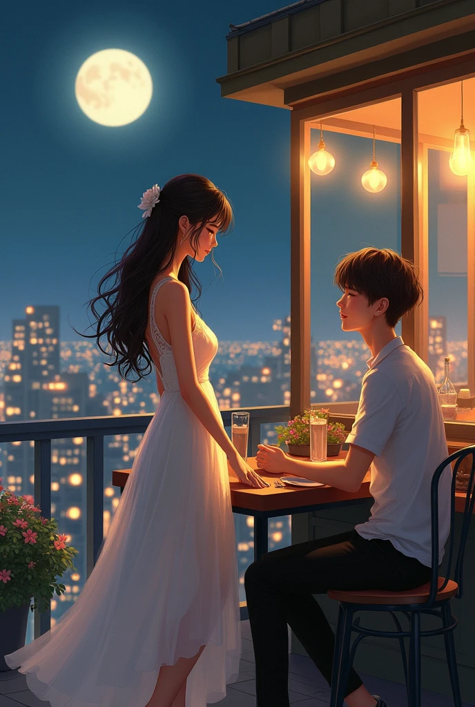 A young woman with a dreamy expression stands at the counter of a rooftop cafe. She's wearing a flowing white dress and a delicate necklace. The city lights below create a romantic atmosphere, and the moon shines brightly overhead. A male customer sits at a table, gazing at her with admiration, as if she's a vision from a dream.