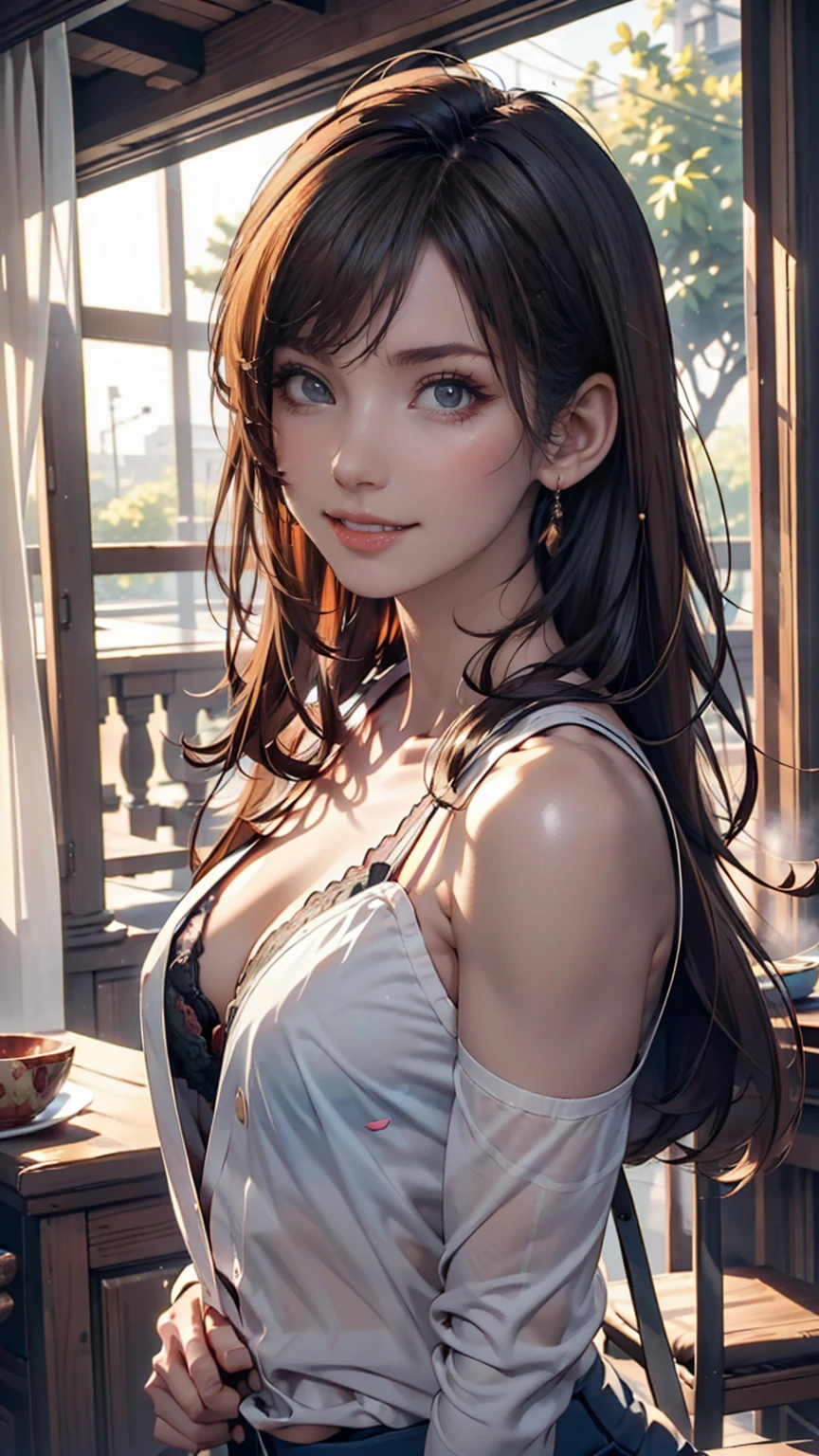 4K, (masterpiece), Highest quality, 2D, ((Browsing Caution)), ( Anime School), (Unbuttoned shirt), (Small breasts), Nipples, Long brown hair, blue eyes, smile, Full Height, Clear Eyes, Black eyelashes, (Intricately detailed), dramatic, Makoto Shinkai, Trending on CGSociety