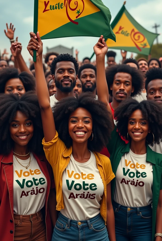 Create realistic image of black men and women with natural hair holding flag and shirts saying vote Ely Araújo