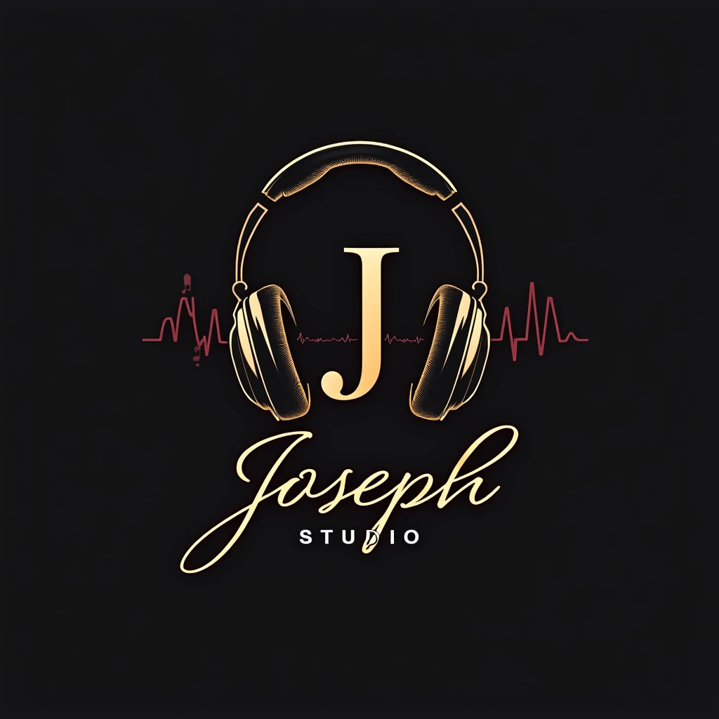 Design a logo for "Joseph Studio" that includes the following elements:
- **Headphones:** Surrounding a musical wave formed by the letter "J."
- **Musical Wave:** It should be modern and harmonious, expressing creativity and innovation.
- **Elegant Text:** Below the design, use a flowing and professional font to write "Joseph Studio." Wraps around the Headphones
- **Colors:** Choose a modern and neutral color palette, such as black and gold or burgundy.
The logo should reflect the essence of musical creativity and modern technology.