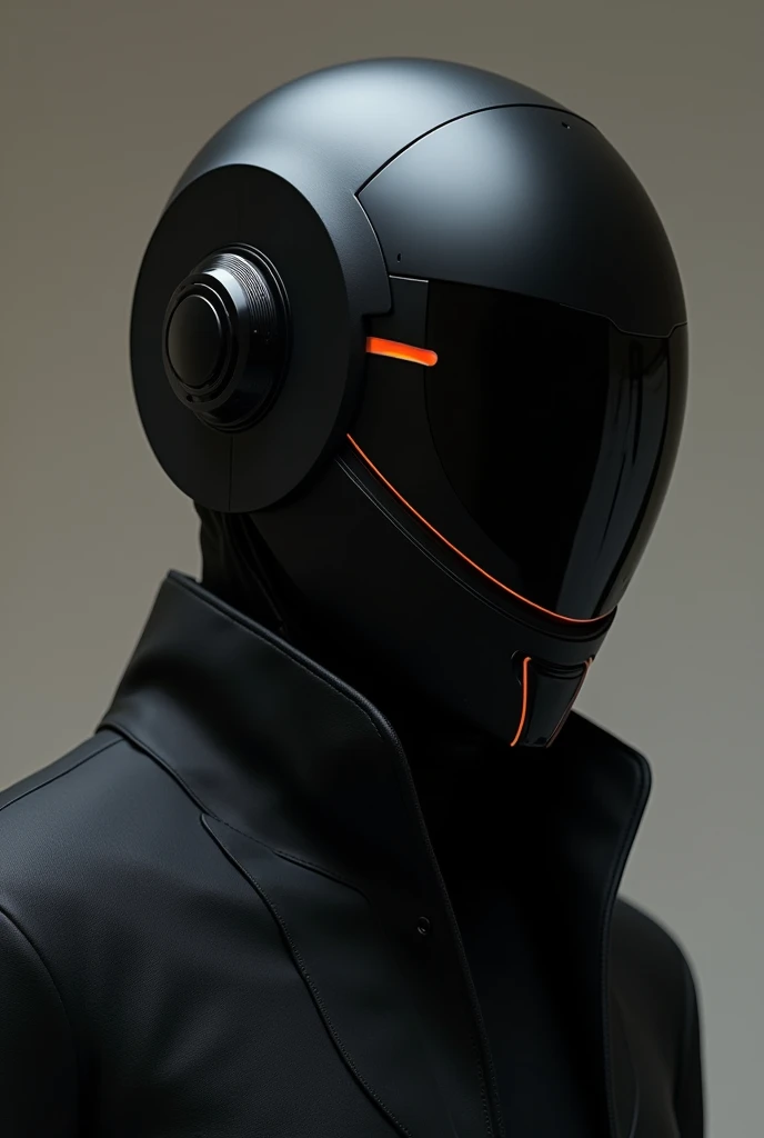 "A simple yet elegant futuristic techwear mask with a minimalist design. The helmet features smooth, clean lines and an decil eyes. The design emphasizes sophistication with a matte black finish, accented by subtle metallic or neon highlights. The overall look is modern, high-tech, and stylish, with a focus on elegance, use less visor like ironman helmet