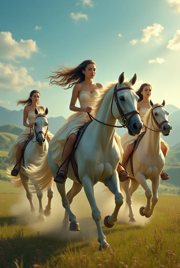 Beautiful women are riding gallant horses and cool looking women