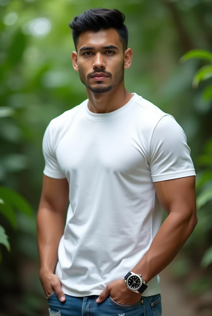 A handsome Indonesia man with a clean face,Very short black hair, the sides are faintly visible, there are clear line carvings.Wearing a white t-shirt with anime graphics, stylish ripped blue jeans,Wearing sports shoes , green natural scenery, wearing a rolex watch,Athletic sixpack body, face facing straight at the camera, realistic hd