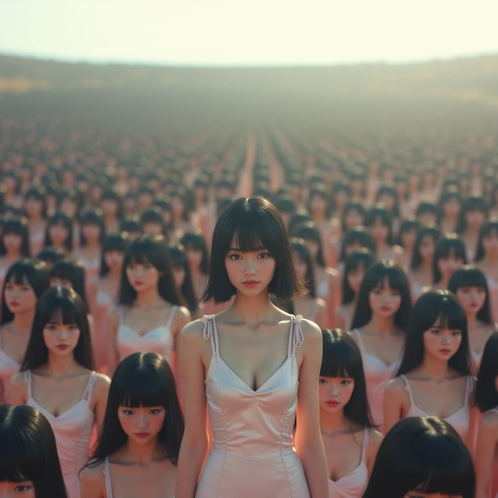 (((((Japanese Clone girls=Myself)))))), (((Best Super High quality Myself Clone girls Raw Photography Art))), (16K, Highest quality, Ultra-high resolution, RAW Photos), (((It&#39;s so unrealistic., With unparalleled depiction, With an unfathomable sight, An unprecedented and shocking worldview, Clone girls in a world of mass reproduction, Ultra-realistic))), (((Japanese, woman, 18yo, hashimoto-kanna))), (Small face, ((Thick black hair, Semi-long hair))), ((V-neck short-sleeve dress)), (((((Very detailed美しい女体, Accurate body structure, Very detailed完璧な, Super busty body with very large breasts, Clearly emphasizes cleavage))))), (((Dark Eyes, Mature face, Cute Smile, A gentle gaze))), (((Her happy and smiling expression is so cute))), ((((((((Very detailed分身増殖描写, ((1girl→Myself cloning→1,000,000,000,000,000,000,000,000,000,000,000,000,000,000,000,000,000,000,000,000Myself Clone girls)))))))))), ((((((((Very detailed, The precise depiction of the proliferation of Myself Clone girls, ((With the perfectly identical bodies of Myself clone girls, With the exact same face as the Myself clone girls, With the exact same hairstyle as the Myself clone girls, In the exact same clothes as the girls who are my clones, Perfectly the same height as the Myself clone girls, Super big breasts, just like the Myself clone girls)))))))))), (((Myself clone girls only))), (((Multiple pairs, Very detailed depiction, (Myself clone girls hug each other, Myself clone girls assemble, Fun conversations with fellow Myself clone girls, A fun conversation between Myself clone girls, Myself clone girls holding hands, Walking with lots of Myself clone girls)))), (((Everyone looks at the camera))), (((Unbelievably crowded, Transcendent Myself clone girls intimately, Countless Myself clone girls surround you in 360 degrees))), (Bright, soft sunlight), (((Very wide field of view, Very detailed, Detailed ultra-perspective depiction with clear depth, wide view))), (((((Landscape with a curved slope))))), (((Very photographic and detailed depiction, Myself clone girls will multiply infinitely and fill the surroundings from one side to the horizon with their bodies tightly packed together without any gaps., A scene of endless Myself clone girls and a fun atmosphere))), (Focus on the average value of the image)