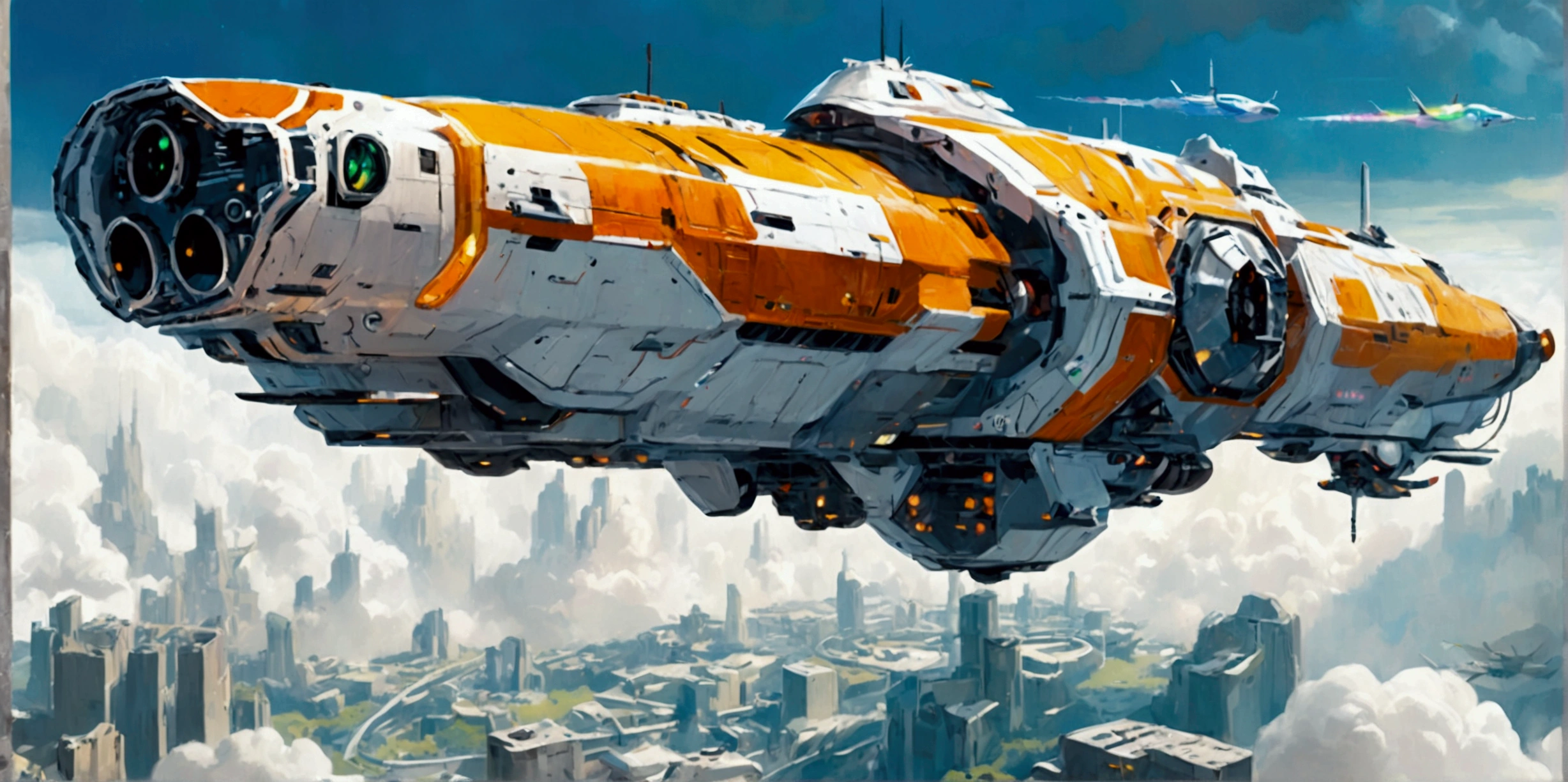 A long wide giant heavily armored divine futuristic flying all terrain biomechanical space battleship covered in rainbow batik pattern and glowing javanese runic symbols, multiple retractable cybernetic spider legs with wheels on the tip, divine halo, flying hovercraft, flying submarine, flying aircraft carrier, flying hotel, flying resort, flying city, flying skyscraper, flying cruise ship, flying yacht, flying castle, flying military base, multiple thrusters, multiple helipad, multiple propeller, mobile headquarters, mobile command center, automatic turrets, missile banks, missile defense system, multi-port rear engine arrays, large pivoted missile pods, anti-air batteries, reactive armour over vital spaces, VTOL thrusters, ventral ground-facing VTOL thruster bays, retractable center cannon, super carrier, sky carrier, space station, floating city, floating castle, white background