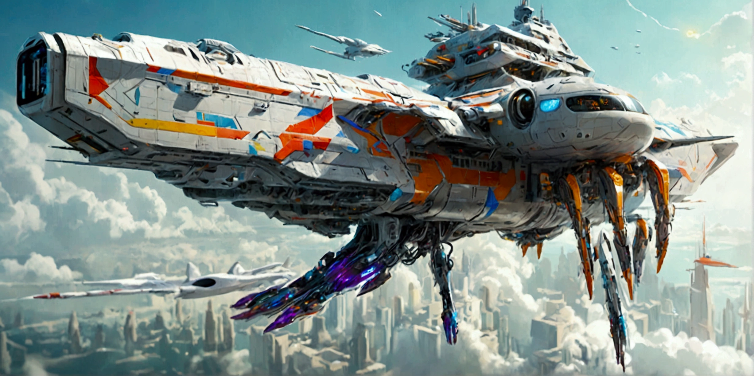 A long wide giant heavily armored divine futuristic flying all terrain biomechanical space battleship covered in rainbow batik pattern and glowing javanese runic symbols, multiple retractable cybernetic spider legs with wheels on the tip, divine halo, flying hovercraft, flying submarine, flying aircraft carrier, flying hotel, flying resort, flying city, flying skyscraper, flying cruise ship, flying yacht, flying castle, flying military base, multiple thrusters, multiple helipad, multiple propeller, mobile headquarters, mobile command center, automatic turrets, missile banks, missile defense system, multi-port rear engine arrays, large pivoted missile pods, anti-air batteries, reactive armour over vital spaces, VTOL thrusters, ventral ground-facing VTOL thruster bays, retractable center cannon, super carrier, sky carrier, space station, floating city, floating castle, white background