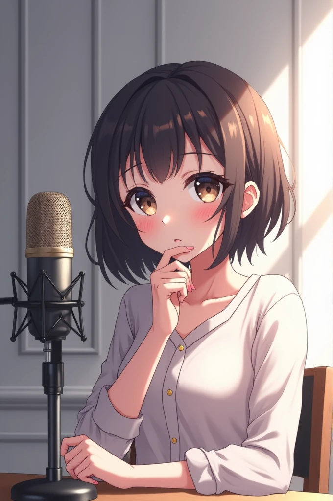 Create an anime girl sitting in front of mic peacefully doing solo podcast in the YouTube ratio.