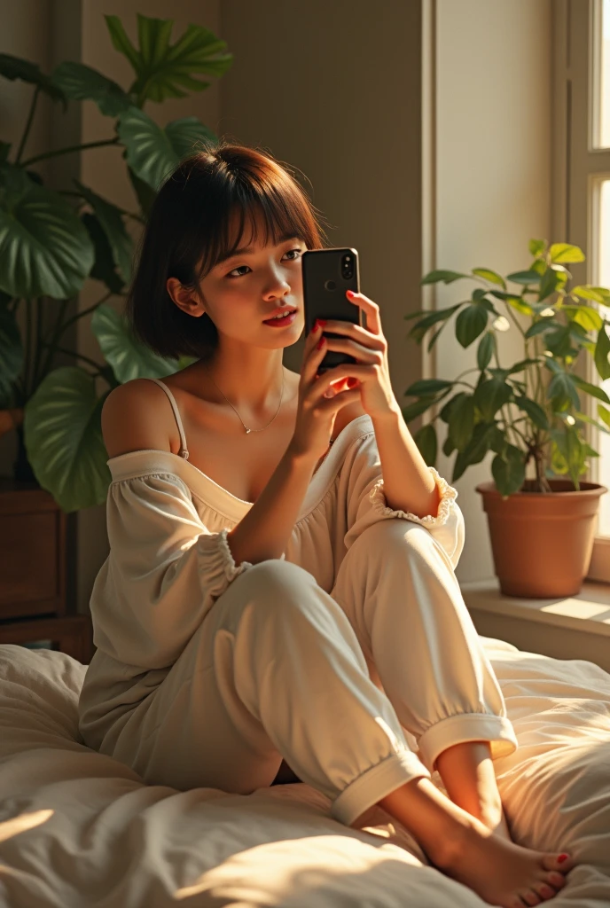 (photorealism:1.2), beautiful woman, sitting on bed, wearing loose off-shoulder top, pajama pants, short hair, indoors, soft lighting, plants in background, mirror selfy showing here face in it ,cozy room, relaxed pose, realistic, intricate details, warm colors, by Greg Rutkowski, by Alphonse Mucha