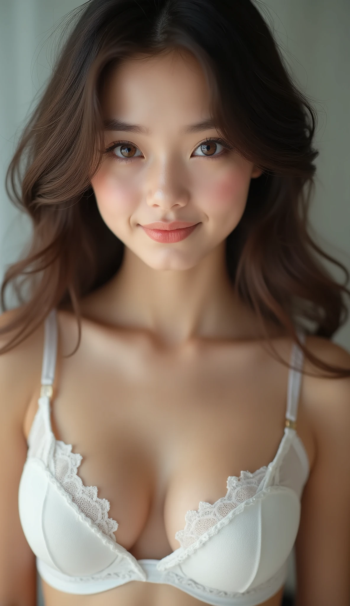 raw photo, 1ung girl, kawaii, brown eyes, unique, individual, distinctive face, extremely detailed eye and face, fair skin, lace cute bra, beautiful breasts, upper body, Best Quality, highly detailed, High-definition raw color photos, professional photograpy, Realistic portrait,