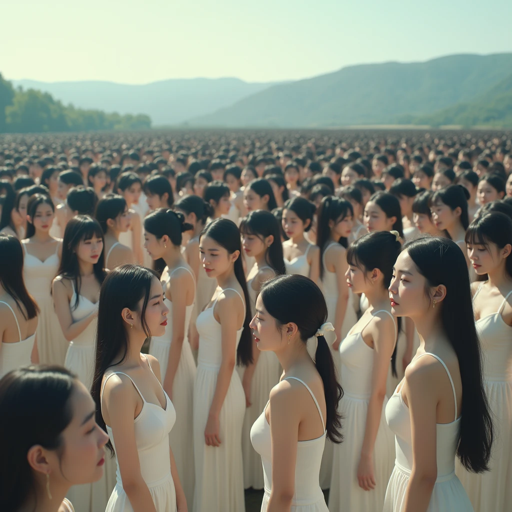(((((Japanese Clone girls=Myself)))))), (((Best Super High quality Myself Clone girls Raw Photography Art))), (16K, Highest quality, Ultra-high resolution, RAW Photos), (((It's so unrealistic., With unparalleled depiction, With an unfathomable sight, An unprecedented and shocking worldview, Clone girls in a world of mass reproduction, Ultra-realistic))), (((Japanese, woman, 18yo, hashimoto-kanna))), (Small face, ((Thick black hair, Semi-long hair))), ((V-neck short-sleeve dress)), (((((Very detailed美しい女体, Accurate body structure, Very detailed完璧な, Super busty body with very large breasts, Clearly emphasizes cleavage))))), (((Dark Eyes, Mature face, Cute Smile, A gentle gaze))), (((Her happy and smiling expression is so cute))), ((((((((Very detailed分身増殖描写, ((1girl→Myself cloning→1,000,000,000,000,000,000,000,000,000,000,000,000,000,000,000,000,000,000,000,000Myself Clone girls)))))))))), ((((((((Very detailed, The precise depiction of the proliferation of Myself Clone girls, ((With the perfectly identical bodies of Myself clone girls, With the exact same face as the Myself clone girls, With the exact same hairstyle as the Myself clone girls, In the exact same clothes as the girls who are my clones, Perfectly the same height as the Myself clone girls, Super big breasts, just like the Myself clone girls)))))))))), (((Myself clone girls only))), (((Multiple pairs, Very detailed depiction, (Myself clone girls hug each other, Myself clone girls assemble, Fun conversations with fellow Myself clone girls, A fun conversation between Myself clone girls, Myself clone girls holding hands, Walking with lots of Myself clone girls)))), (((Everyone looks at the camera))), (((Unbelievably crowded, Transcendent Myself clone girls intimately, Countless Myself clone girls surround you in 360 degrees))), (Bright, soft sunlight), (((Very wide field of view, Very detailed, Detailed ultra-perspective depiction with clear depth, wide view))), (((((Landscape with a curved slope))))), (((Very photographic and detailed depiction, Myself clone girls will multiply infinitely and fill the surroundings from one side to the horizon with their bodies tightly packed together without any gaps., A scene of endless Myself clone girls and a fun atmosphere))), (Focus on the average value of the image)