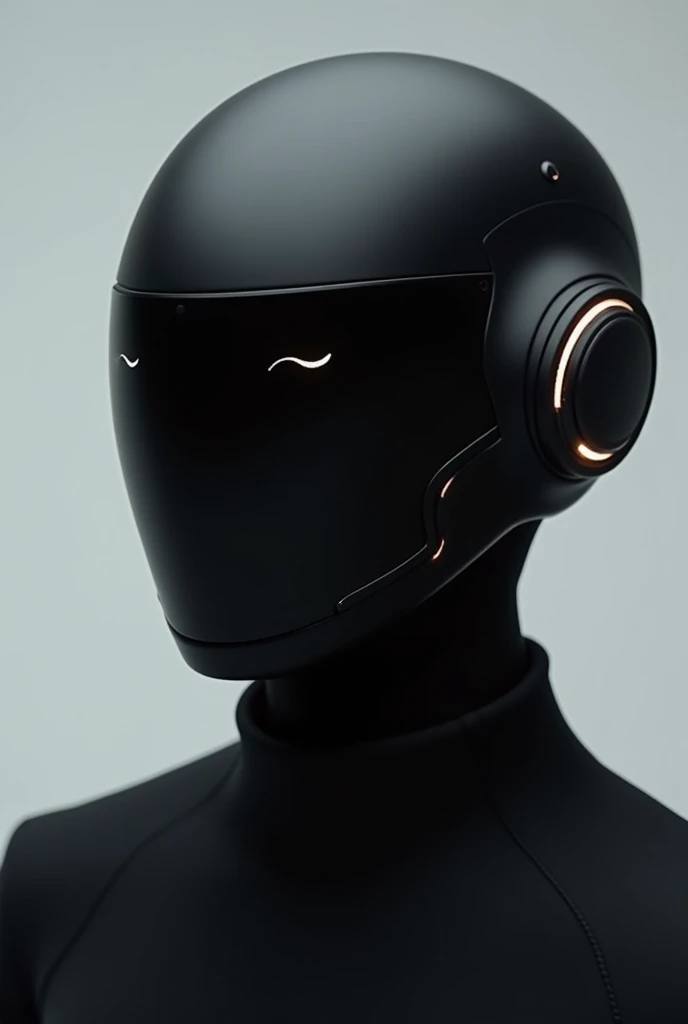 "A simple yet elegant futuristic techwear mask with a minimalist design. The helmet features smooth, clean lines and an decil eyes. The design emphasizes sophistication with a matte black finish, accented by subtle metallic or neon highlights. The overall look is modern, high-tech, and stylish, with a focus on elegance, use less visor like ironman helmet