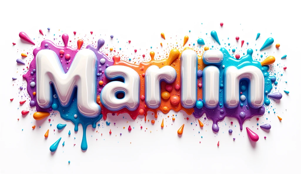 A mesmerizing 4D name "Marlin Prambanan" in a captivating, dripping, and glossy melting style. The bright, bold white letters are illuminated with vivid hues, emitting a whimsical, fun movement. Abstract shapes, splashes, and drops in various bright colors contribute to the dynamic atmosphere. The pristine white background contrasts with the bold, striking colors of the text and its surroundings, highlighting the artist's exceptional skills in 3D rendering and illustration. The artist's innovative fusion of typography, 3D rendering, and illustration results in an awe-inspiring piece that is visually stunning, transcending the boundaries of painting, 3D rendering, and vibrant typography., typography, vibrant, 3d render