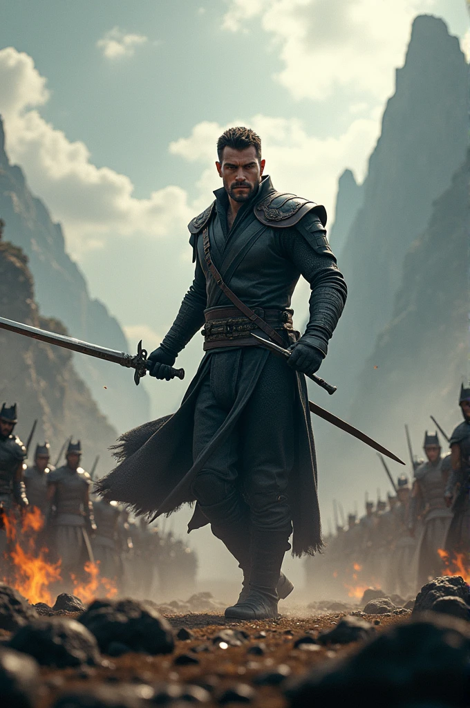 An image of a warrior in battle, the man in black, short hair and handsome. The landscape simulates an iconic battle 