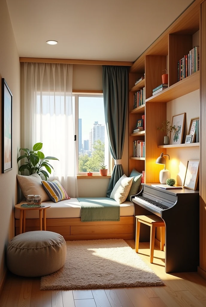 Please draw an interior design for boys，The room is about 7 square meters，Includes a bed、A writing desk、An electric piano、A bookcase。