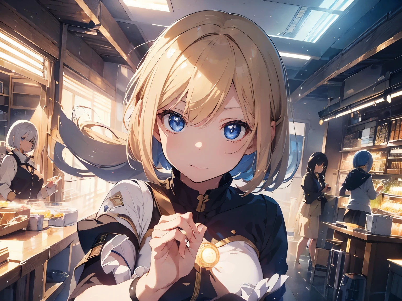 Blondes Fight 、Absurd, Moneyの髪, 美しいblue eyes,(Short Bob:1.5),高solve, (Anime Style:1.4), ((Highest quality)), (Very detailedしい), nature(Large Breasts:1.3)blue eyes,magic気合いを創り出す、Original Costume、magic 、reveal,masterpiece,battlefield(1.5)、She is wearing a blue uniform.、燃えるMoneyの髪 Accurate needle(Sun and Light. Cinematic.Itting)(Great image quality)With bright light particles(Many effects in the background) Beautiful and detailed, Glowing Skin, solve, (Anime Style:1.4)High Contrast, ((masterpiece, Highest quality)) (Money: 0.9),Moneyファイアブレイクプロダクションアート (Warm light source: 1.2),Intricate details, Volumetric LItting, Realism Break (masterpiece: 1.2) Very detailed (moving composition: 1.4), Highly detailed and colorful, (Brilliant lItting,Golden lItting), dream-like, magic, (alone: 1.5) Perfect Fingers
